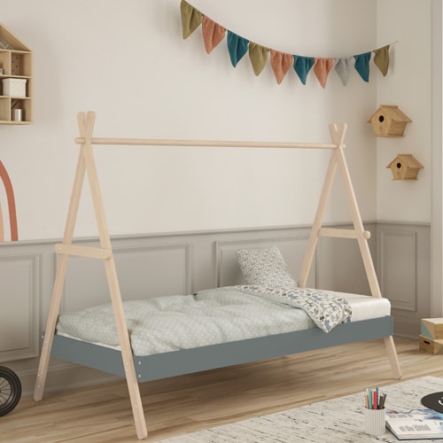 Lit tipi enfant ajustable 90x190 cm en bois clair / vert kaki - Annie