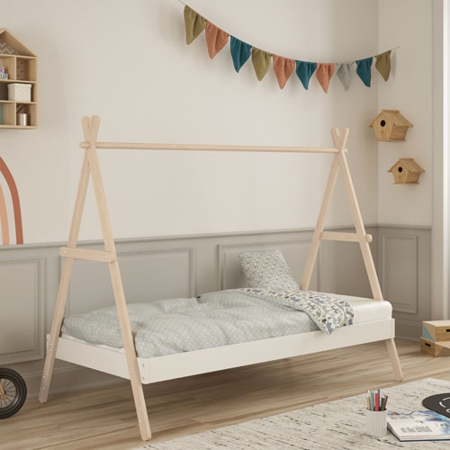 Lit tipi enfant ajustable 90x190 cm en bois clair / blanc - Annie