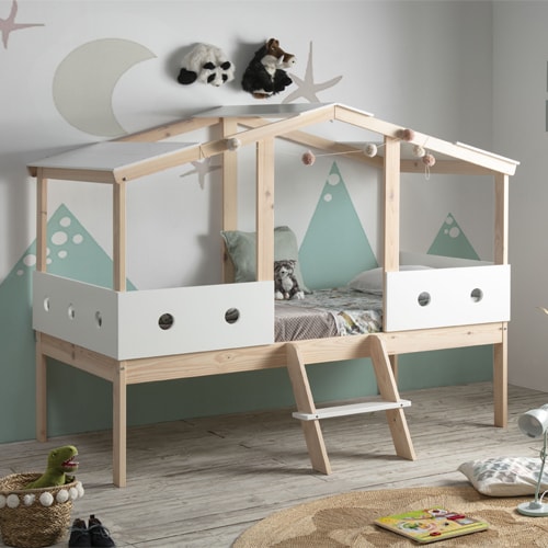 Lit cabane enfant 90x190 cm en bois clair / blanc - Antonin