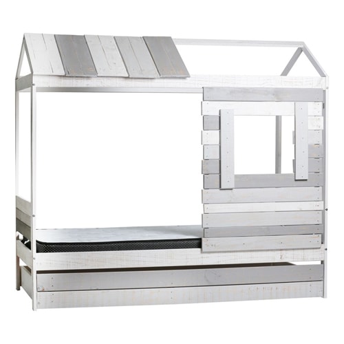 Lit cabane enfant rustique 90x190 cm en bois clair / gris - Sue