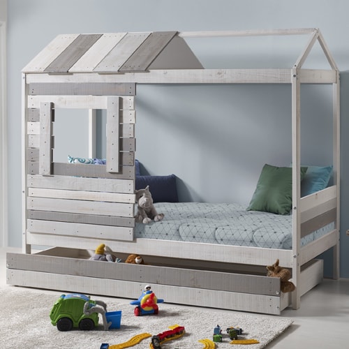 Lit cabane enfant rustique 90x190 cm en bois clair / gris - Sue