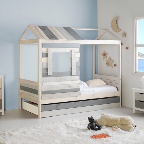 Tiroir pour lit cabane enfant rustique 90x190 cm en bois clair / gris - Sue