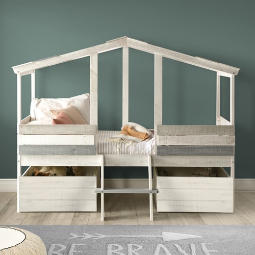 Lit cabane enfant rustique 90x190 cm en bois blanchi / gris - Martin