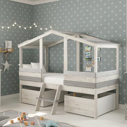 Lot de 2 tiroirs pour lit cabane enfant rustique 90x190 cm en bois blanchi / gris - Martin