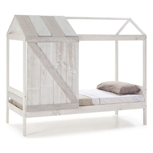Lit cabane enfant rustique 90x190 cm en bois blanchi / gris - Emile