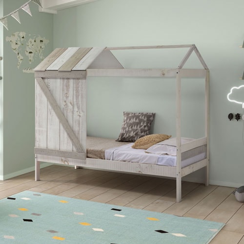 Lit cabane enfant rustique 90x190 cm en bois blanchi / gris - Emile