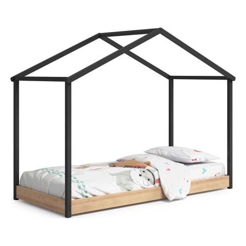 Lit cabane enfant 90x190 cm en bois clair / gris anthracite - Valentine