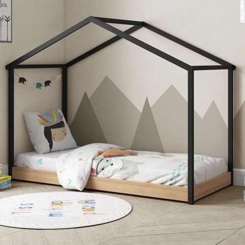 Lit cabane enfant 90x190 cm en bois clair / gris anthracite - Valentine