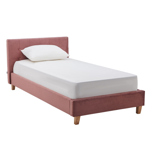 Lit adulte 90x190 cm avec tête de lit capitonnée en velours vieux rose - Milo