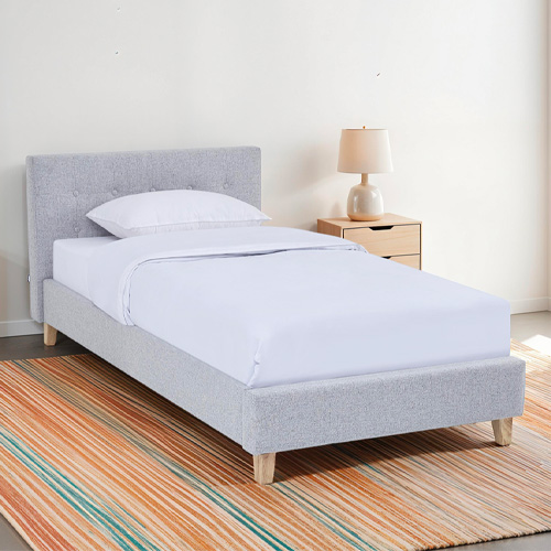 Lit adulte 90x190 cm avec tête de lit capitonnée en tissu gris chiné - Milo