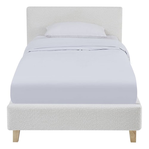 Lit adulte 90x190 cm avec tête de lit capitonnée en tissu bouclé beige - Milo