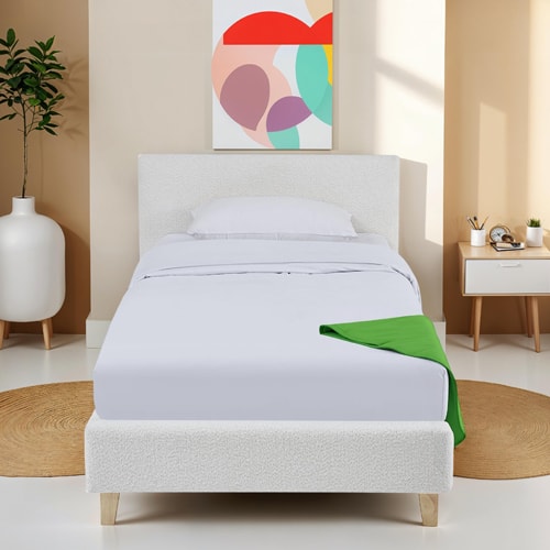 Lit adulte 90x190 cm avec tête de lit capitonnée en tissu bouclé beige - Milo