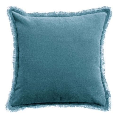 Coussin à frange en velours bleu acier 45 x 45 cm - Fara