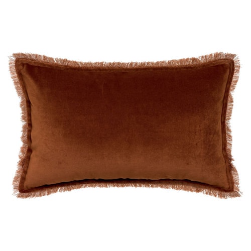 Coussin à frange en velours marron caramel 30 x 50 cm - Fara