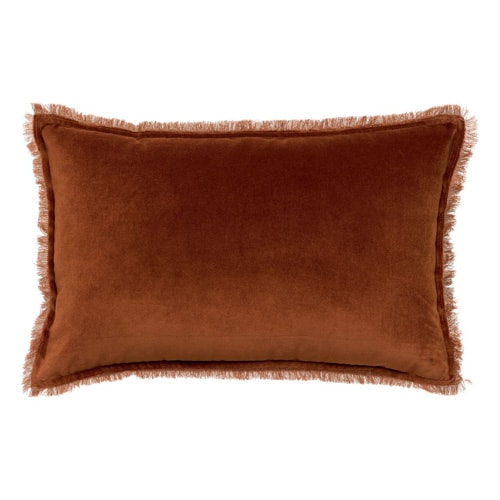 Coussin à frange en velours marron caramel 40 x 65 cm - Fara