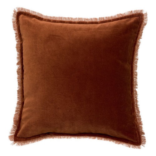 Coussin à frange en velours marron caramel 45 x 45 cm - Fara