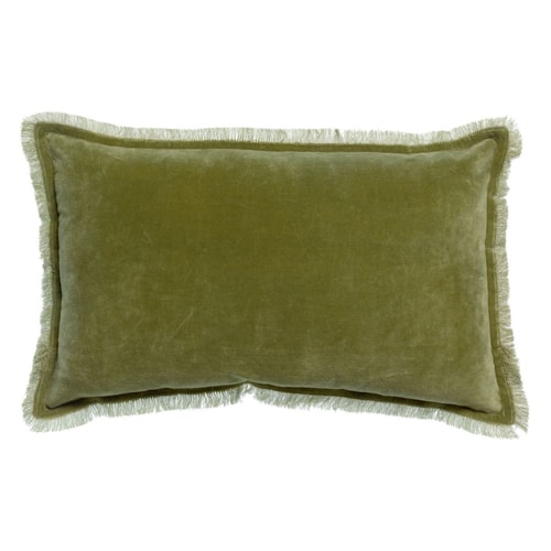 Coussin à frange en velours vert olive 30 x 50 cm - Fara