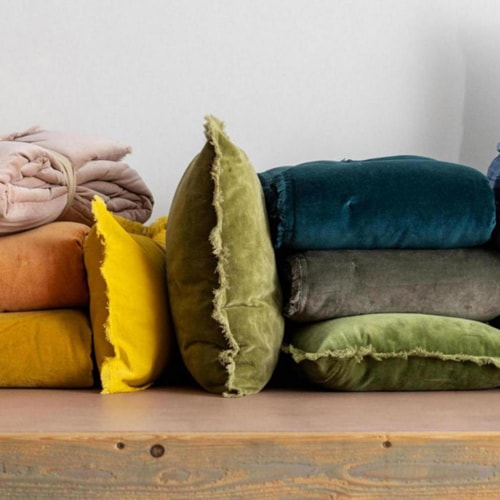 Coussin à frange en velours vert olive 30 x 50 cm - Fara