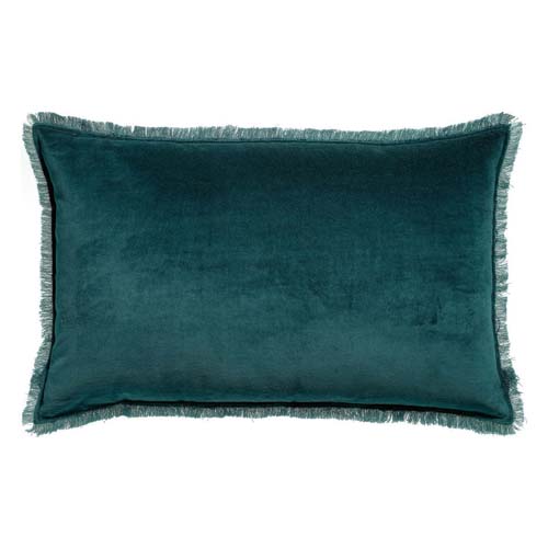 Coussin à frange en velours bleu paon 40 x 65 cm - Fara