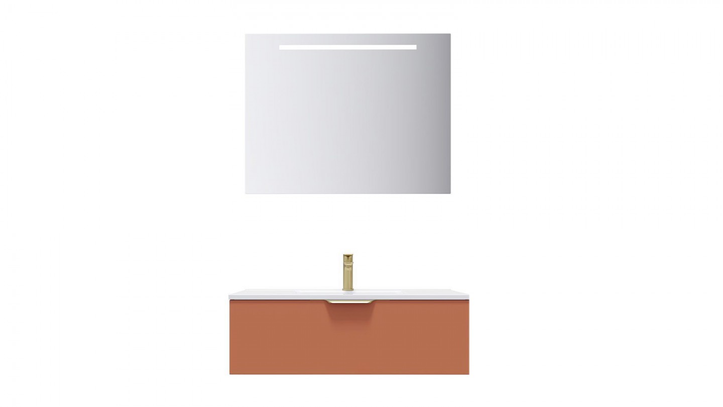 Meuble de salle de bain suspendu vasque intégrée 90cm 1 tiroir Terracotta + miroir - Swing