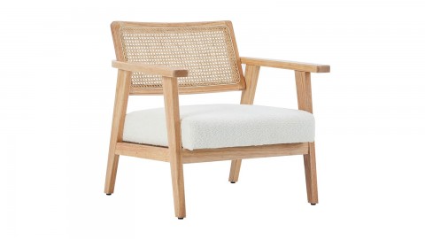Fauteuil en tissu bouclé beige et cannage naturel - Tim