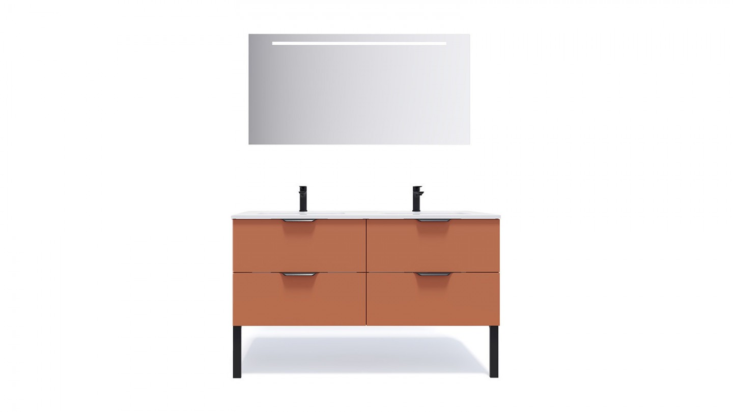 Meuble de salle de bains 140 cm Terracotta - 4 tiroirs - double vasque + miroir - Loft