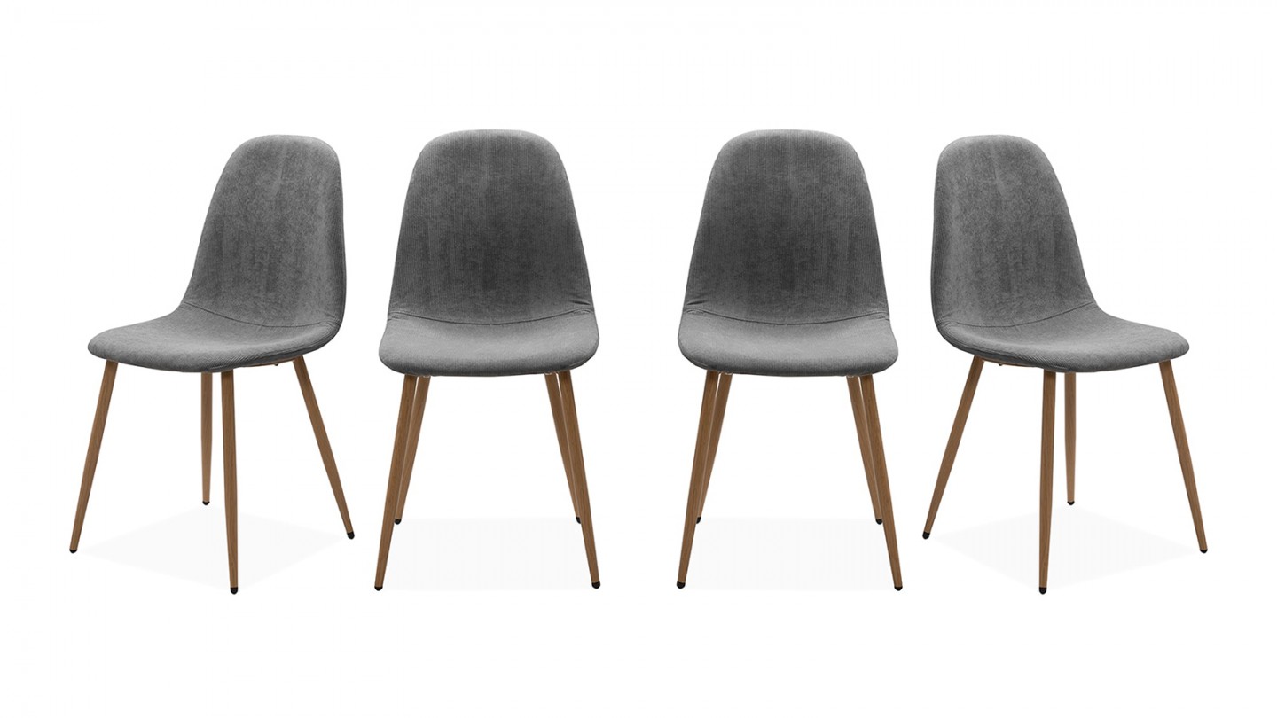 Lot de 4 chaises en velours côtelé gris, piètement métal effet bois - Anisa