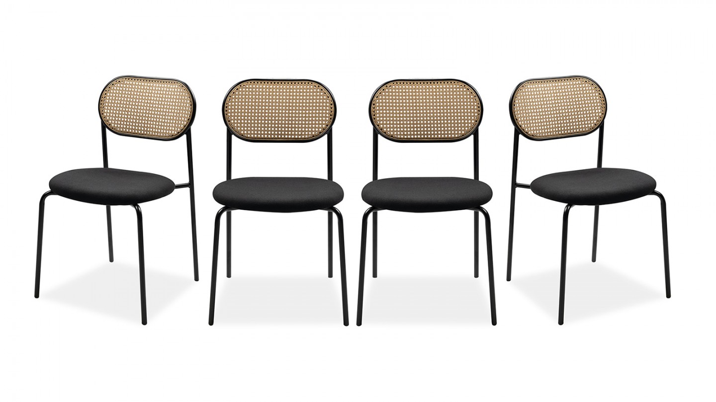 Lot de 4 chaises en tissu noir et cannage - Loyd