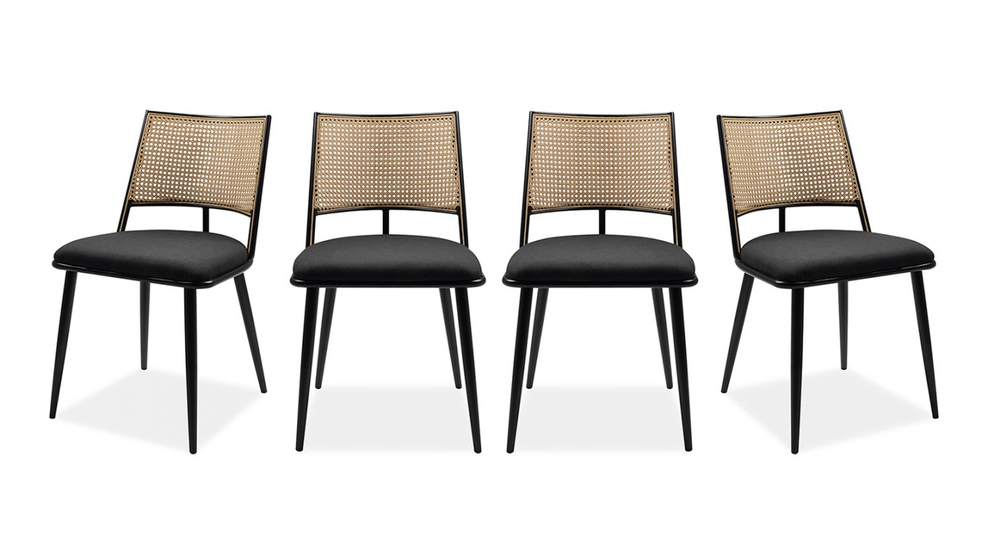 Lot de 4 chaises en tissu noir et cannage - Niels