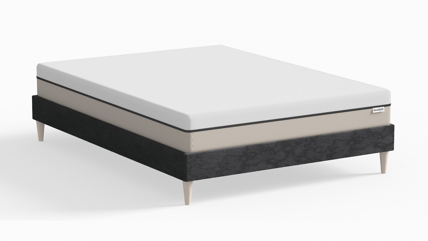 Ensemble lit adulte 140x190 cm en velours gris + Matelas Hybride à ressorts ensachés et mémoire de forme - Spring Elite