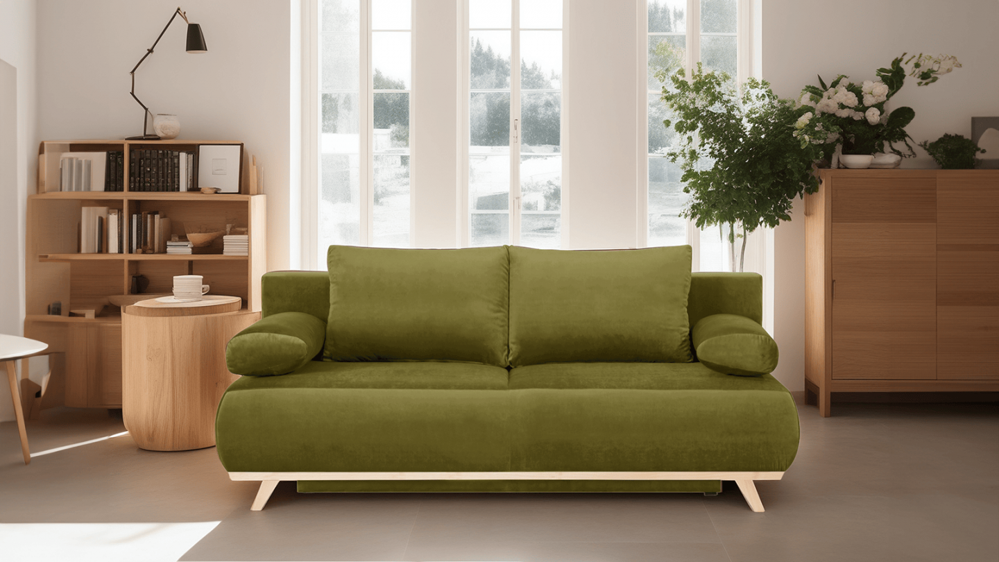 Canapé convertible 3 places avec coffre de rangement en velours vert olive - Collection Laria