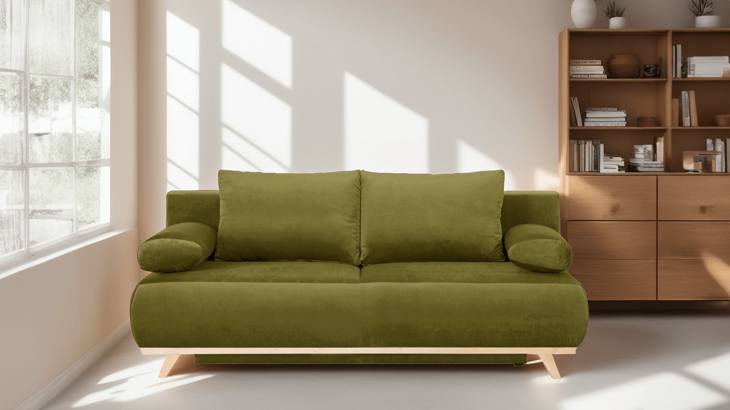 Canapé convertible 3 places avec coffre de rangement en velours vert olive - Collection Laria