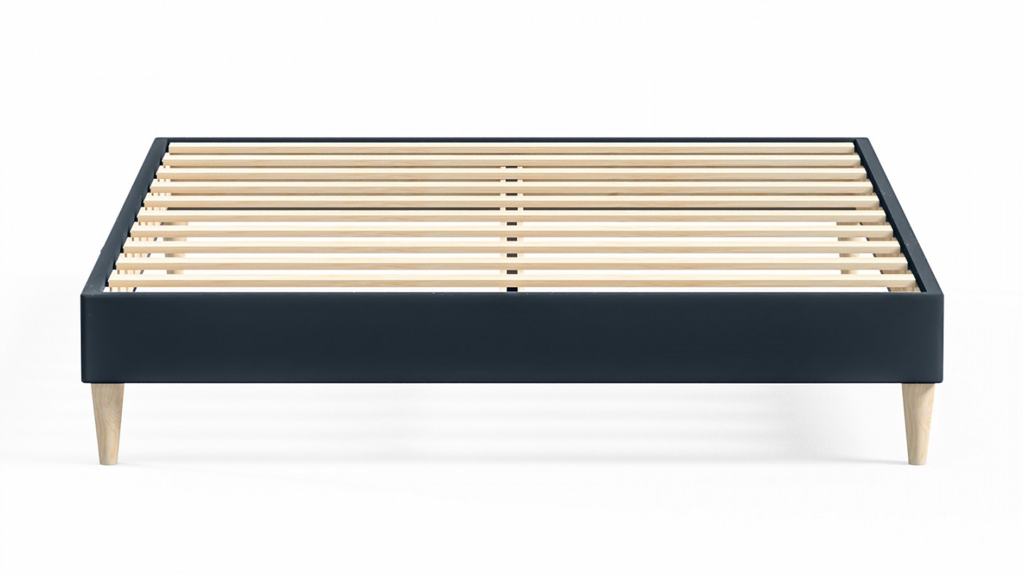 Ensemble lit adulte 140x190 cm en velours bleu nuit + Matelas mousse gel à mémoire de forme, double confort - Dual Confort