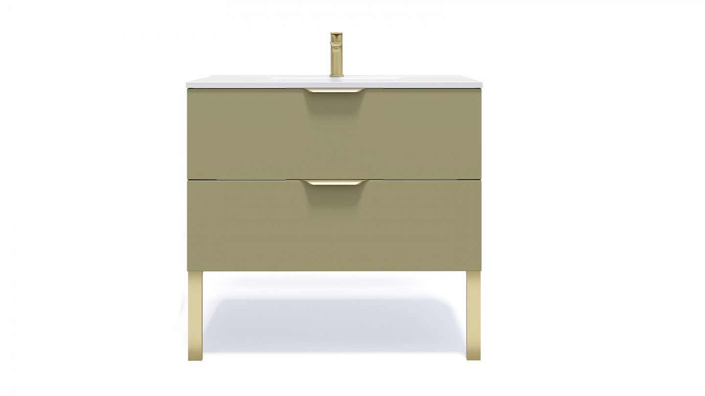 Meuble de salle de bain suspendu vasque intégrée 90cm 2 tiroirs Vert olive - Swing