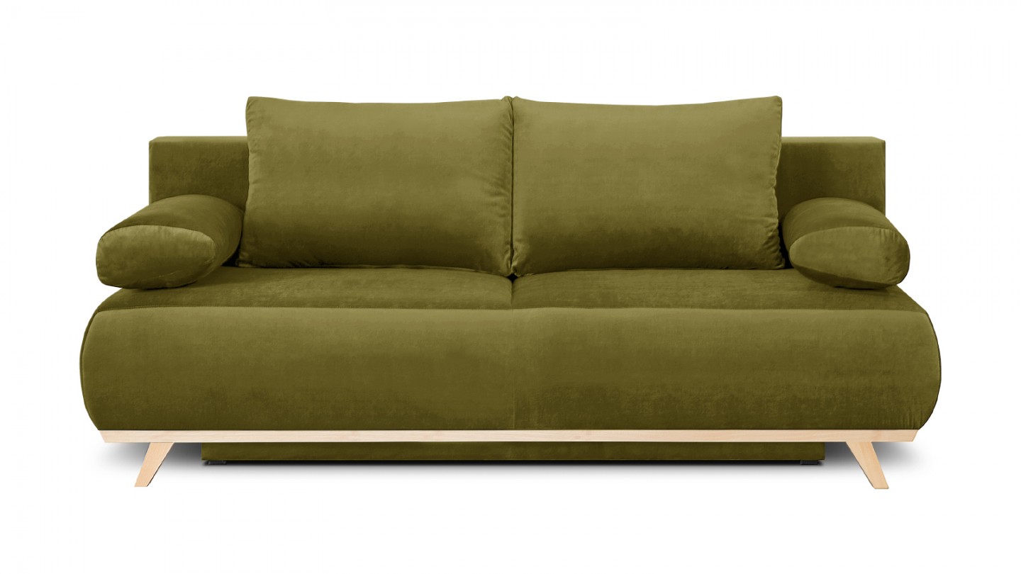 Canapé convertible 3 places avec coffre de rangement en velours vert olive - Collection Laria