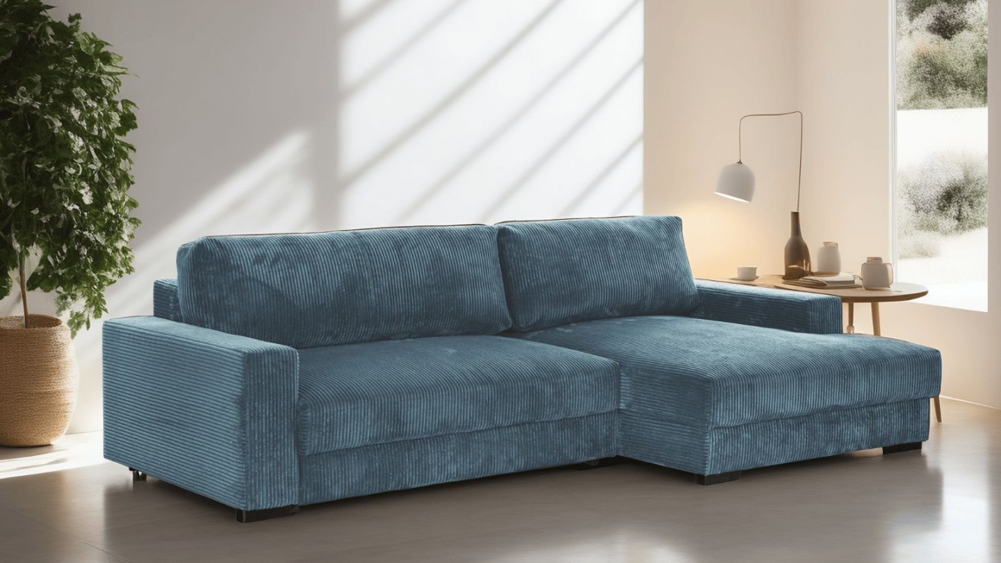 Canapé d'angle droit convertible 3 places avec coffre de rangement en velours côtelé bleu gris - Arty