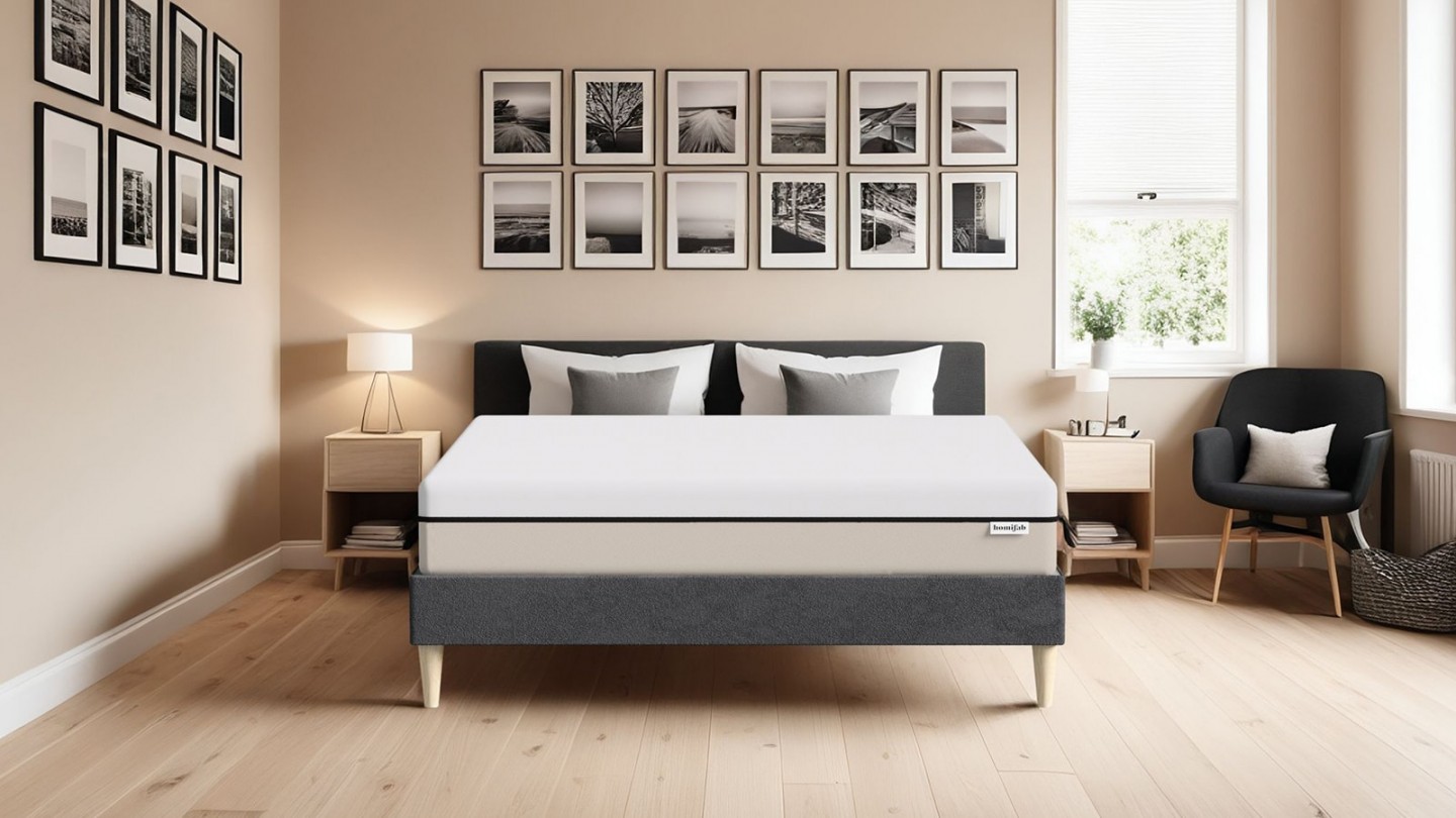 Ensemble lit adulte 140x190 cm en velours gris + Matelas Hybride à ressorts ensachés et mémoire de forme - Spring Elite