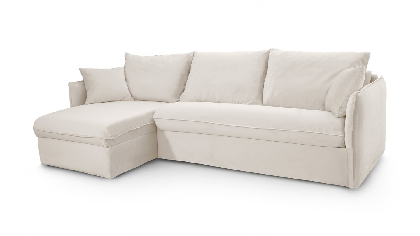 Canapé d'angle convertible réversible 5 places en velours crème - ouverture express - Gina