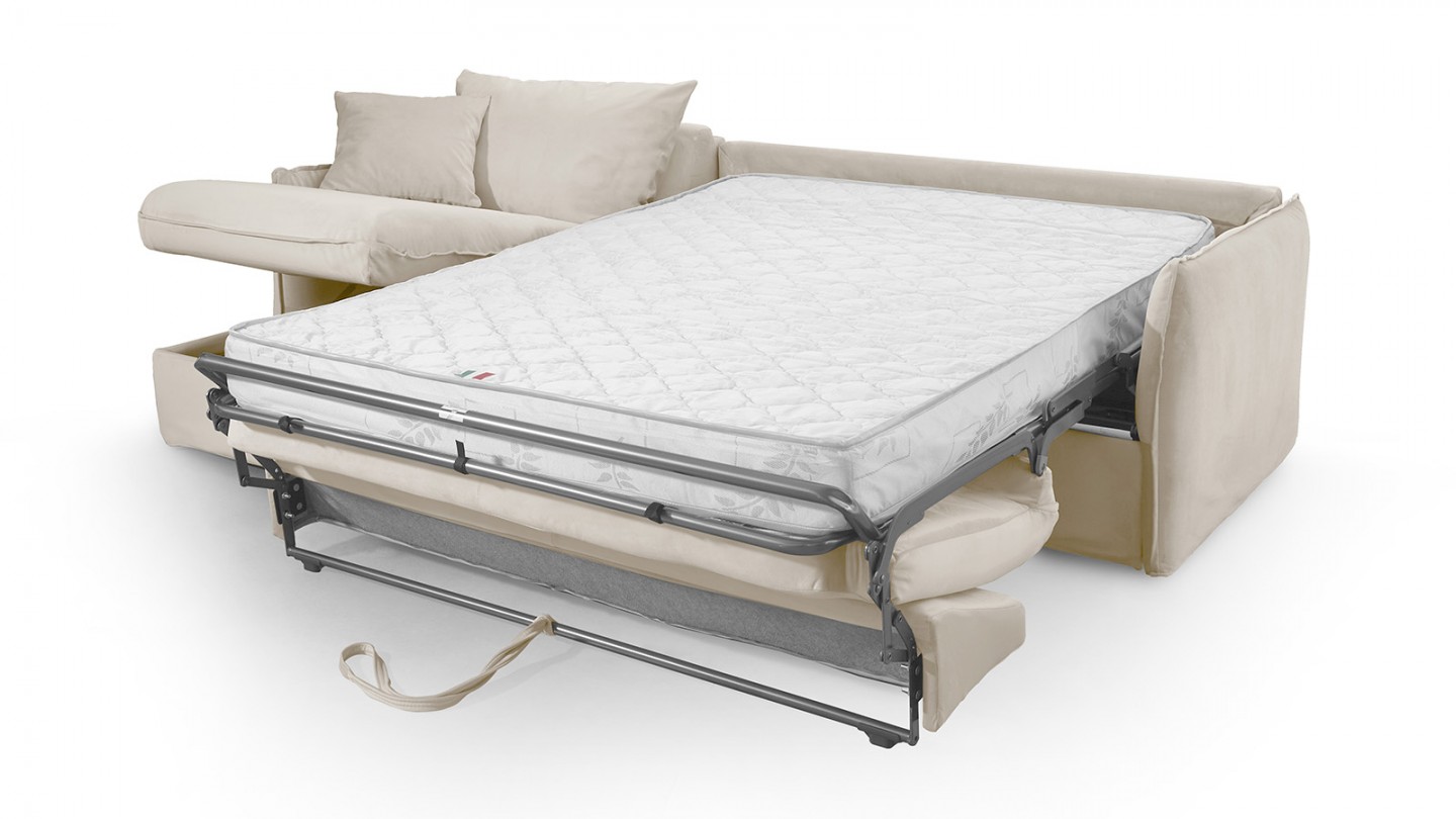 Canapé d'angle convertible réversible 5 places en velours crème - ouverture express - Gina