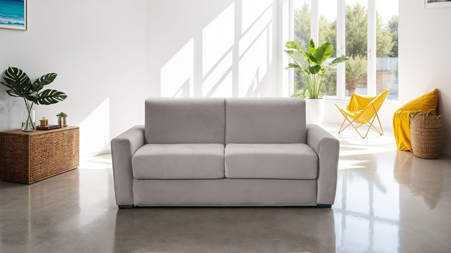 Canapé convertible 3 places en velours taupe - ouverture express - Andrea