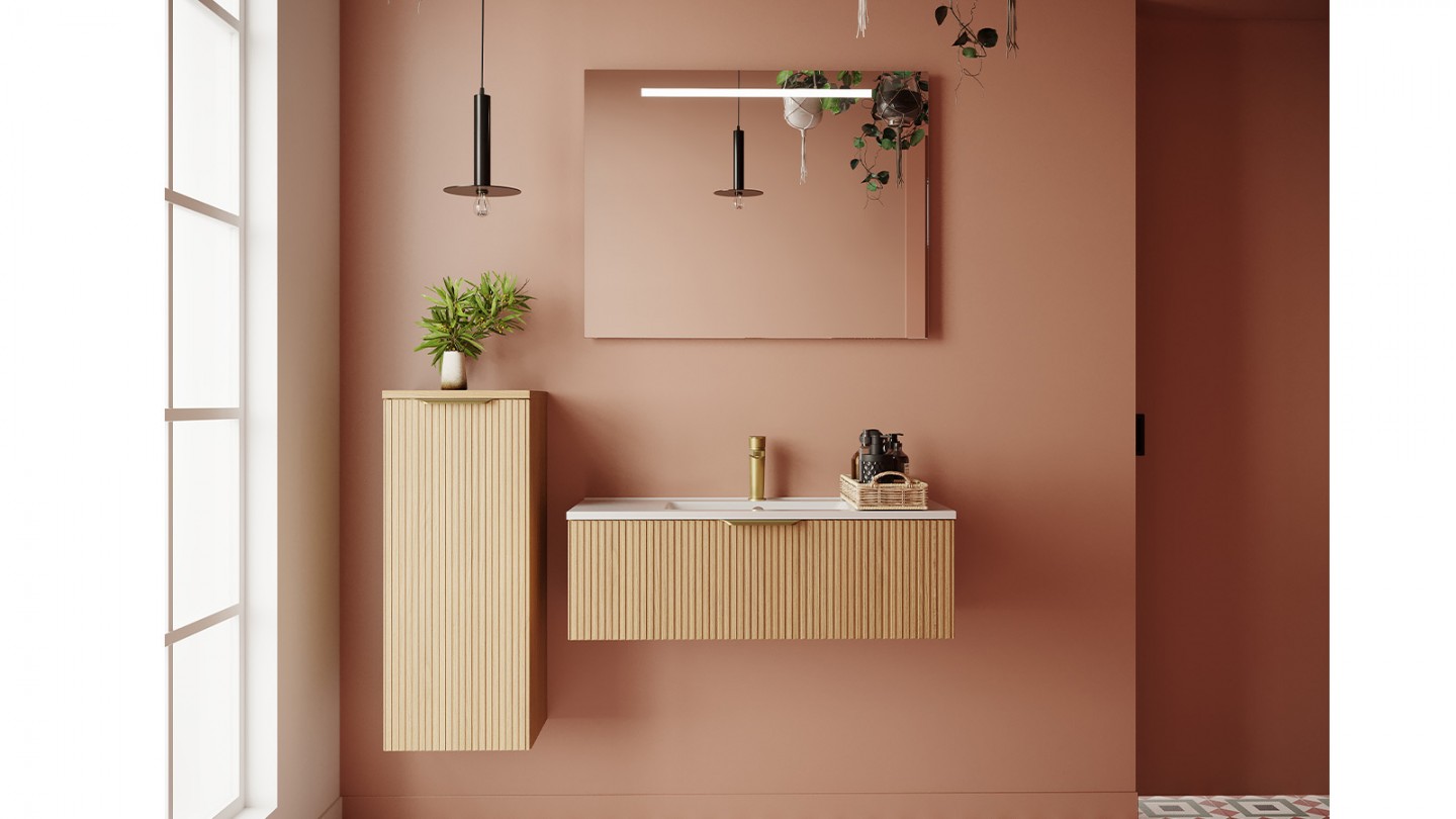 Meuble de salle de bain suspendu vasque intégrée 90cm 1 tiroir Chêne cannelé - Venice