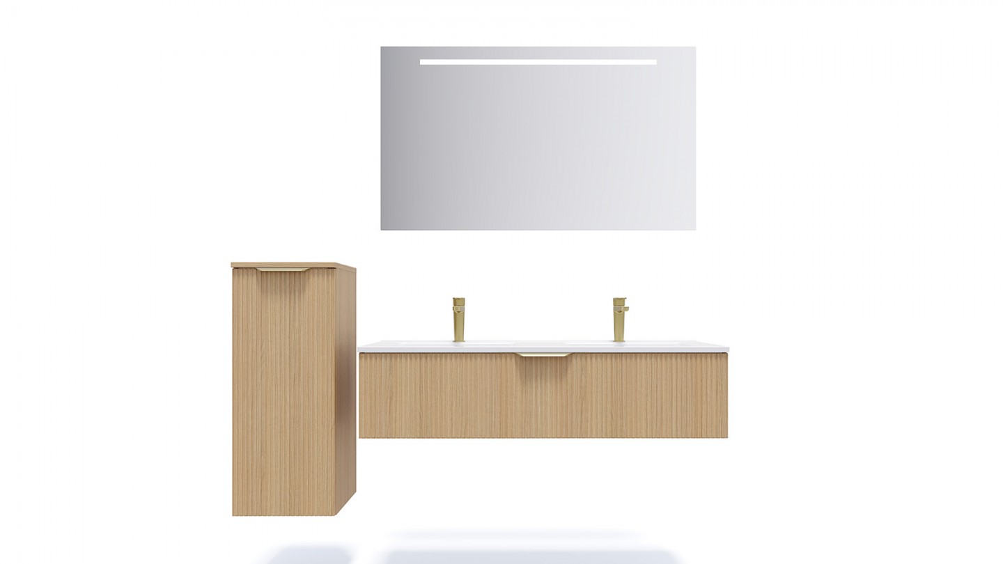 Meuble de salle de bain suspendu double vasque intégrée 120cm 1 tiroir Chêne cannelé + miroir +colonne ouverture gauche - Venice