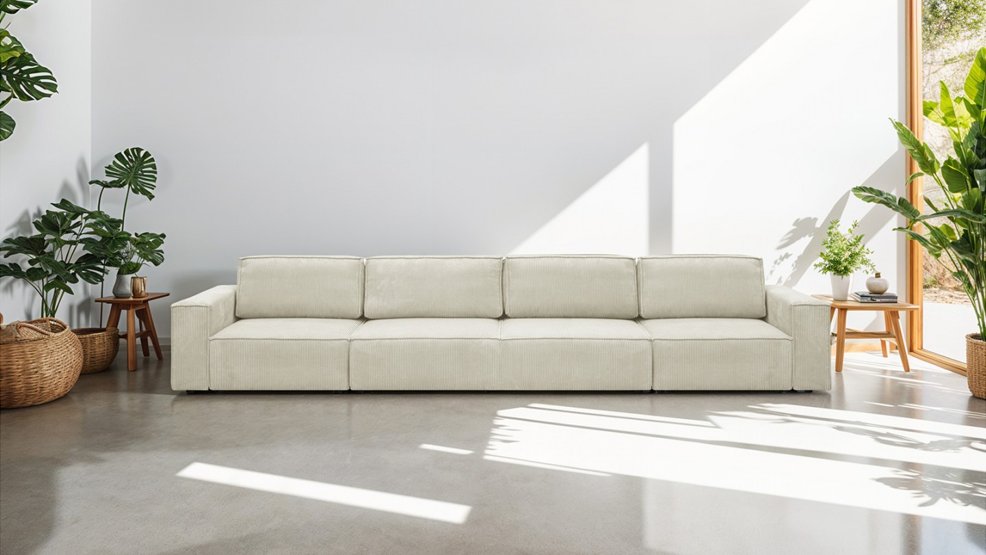 Canapé modulable convertible 7 places avec coffre de rangement en velours côtelé beige - Harper Mod