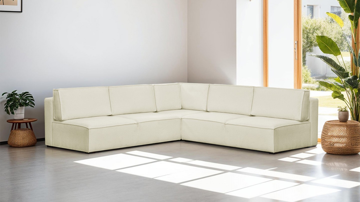 Canapé d'angle à droite modulable 8 places en tissu bouclé écru - Harper Mod