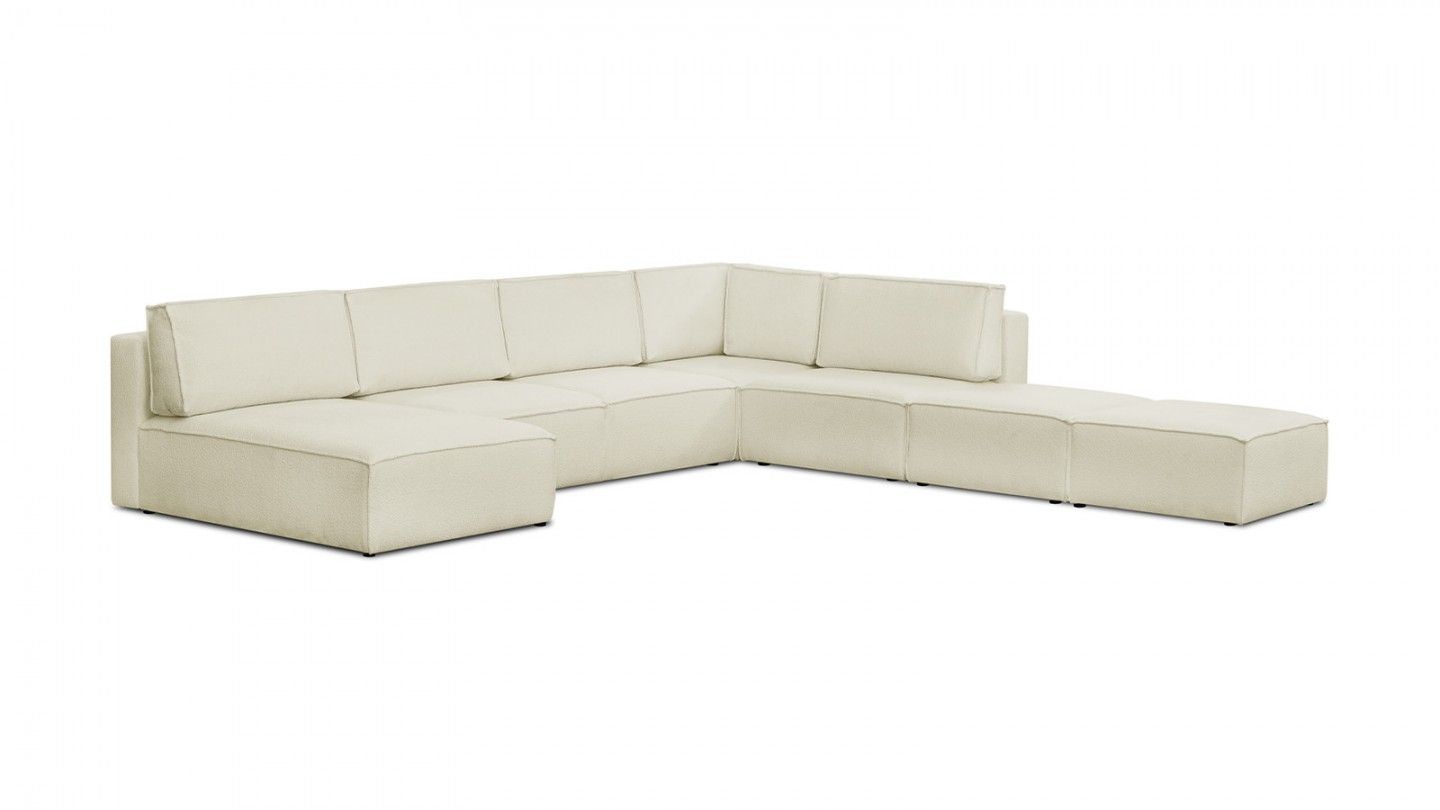 Canapé d'angle à droite panoramique convertible modulable 8 places avec 2 poufs en tissu bouclé écru - Harper Mod