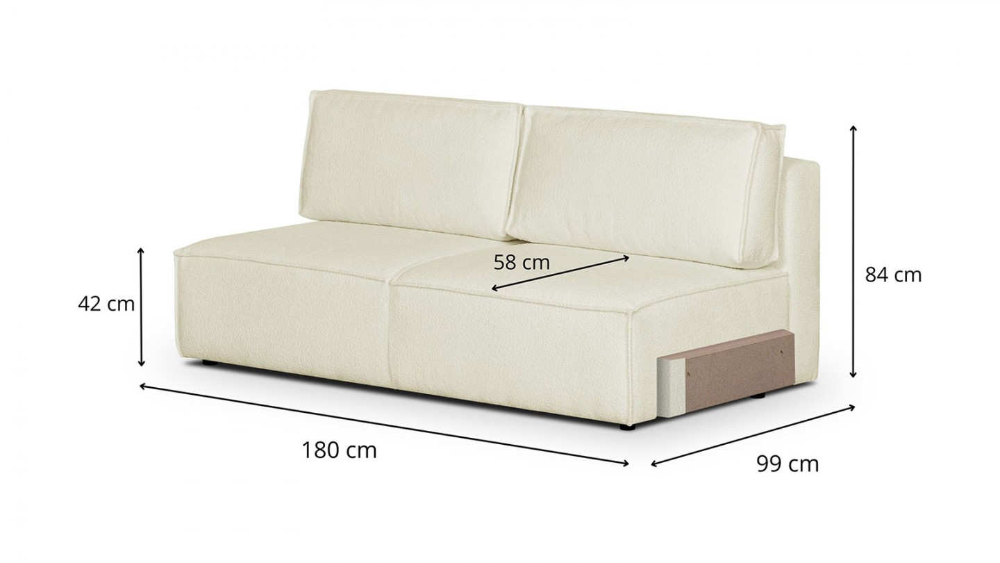 Canapé d'angle à gauche panoramique convertible modulable 8 places avec pouf en tissu bouclé écru - Harper Mod