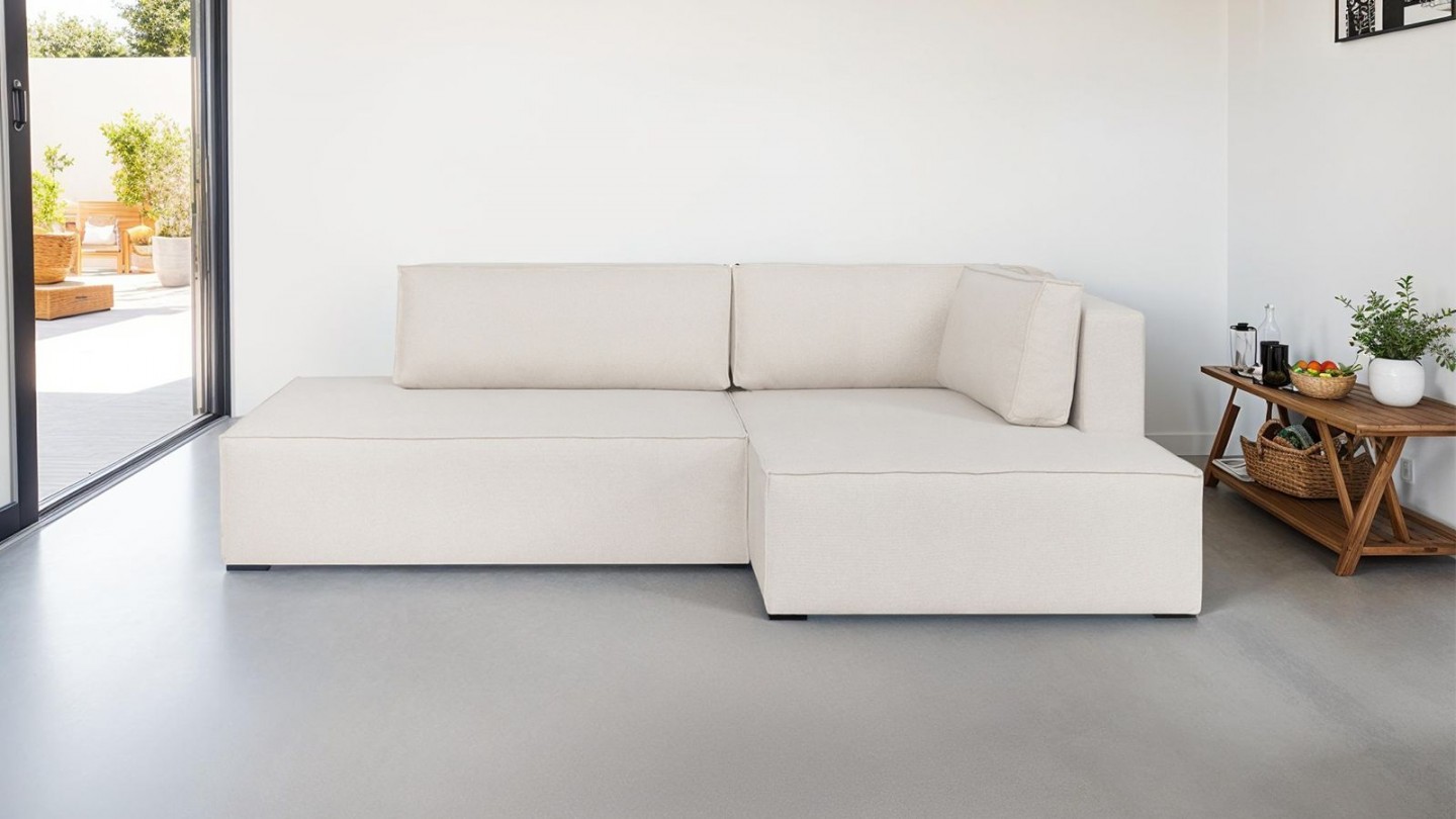 Canapé d'angle à droite convertible 3 places avec coffre de rangement en tissu beige - Barani