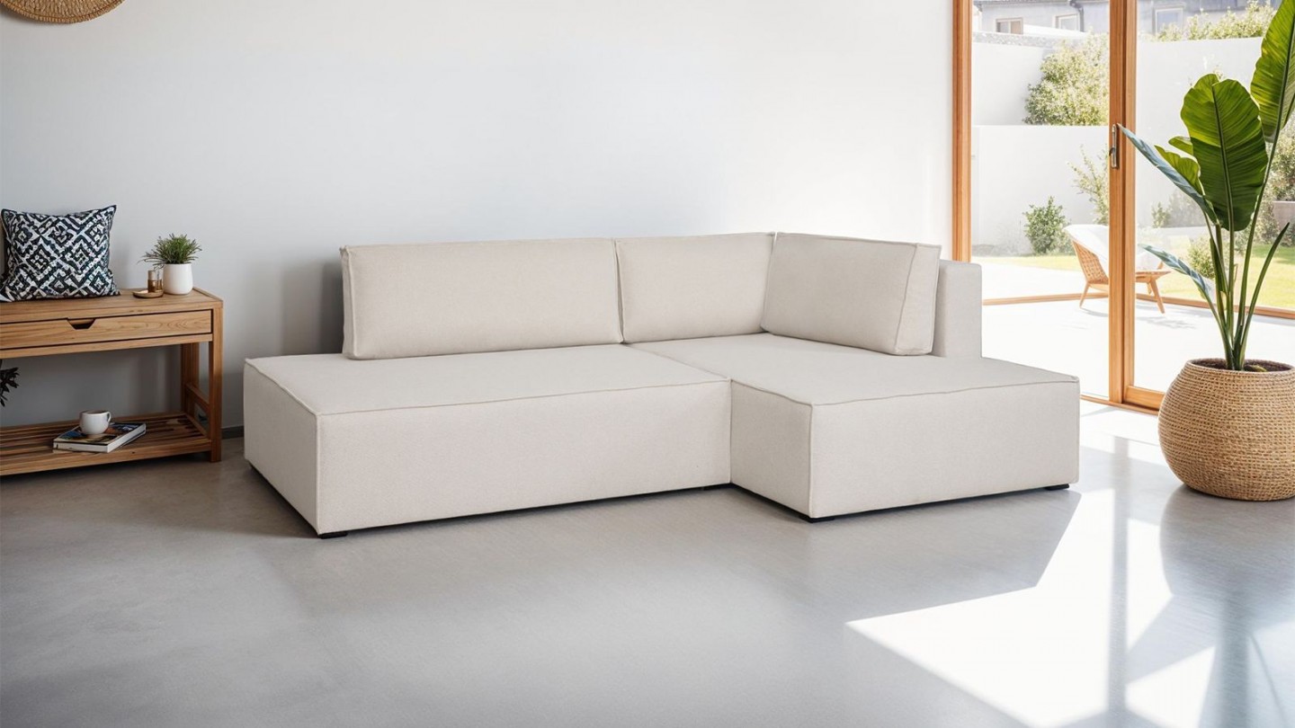 Canapé d'angle à droite convertible 3 places avec coffre de rangement en tissu beige - Barani