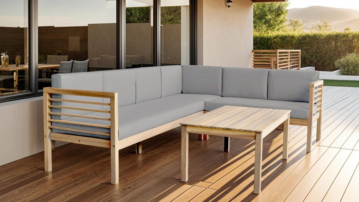 Salon de jardin d'angle 5 places en bois blanchi FSC et coussins gris chiné - Samui