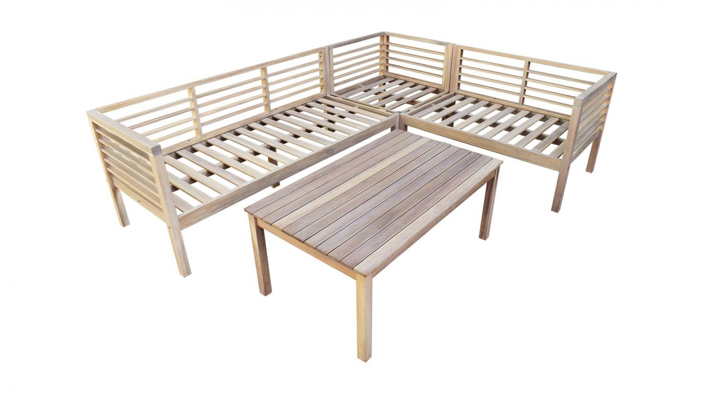 Salon de jardin d'angle 5 places en bois blanchi FSC et coussins gris chiné - Samui